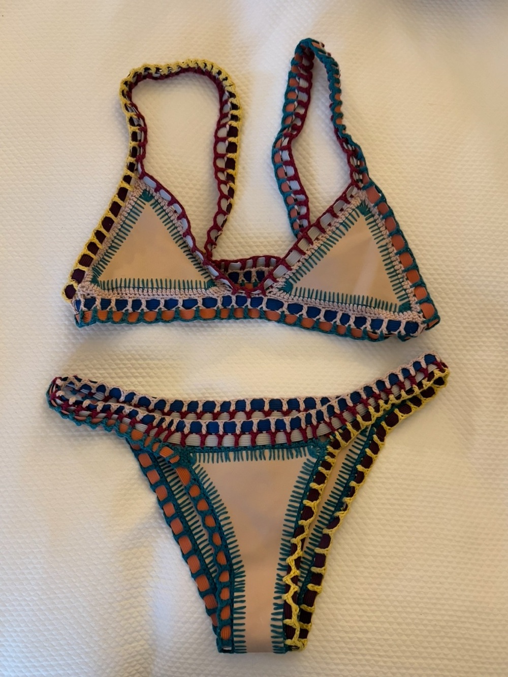 KIINI Light Pink Bikini Top with Teal, Navy and Burgundy Crochet